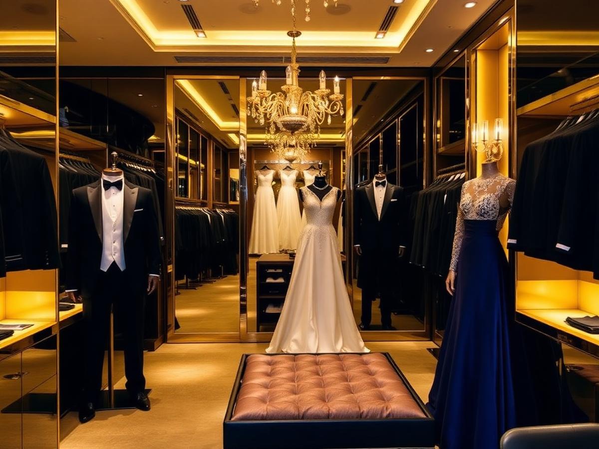 Formalwear boutique with tuxedos and evening gowns