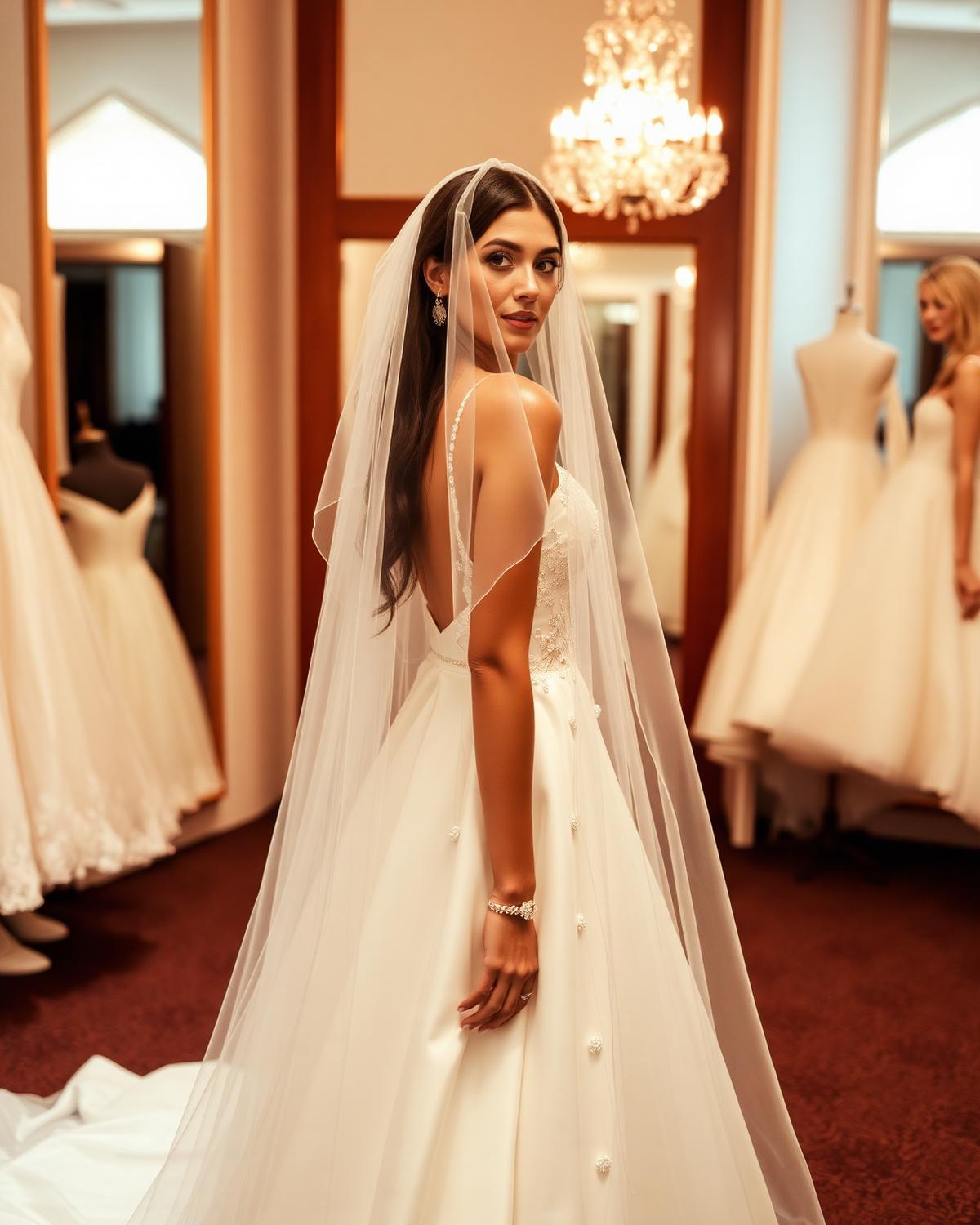 Bridal boutique with wedding gowns and gold accents