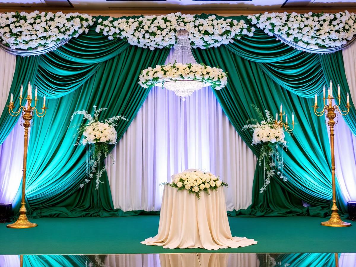 Emerald and gold wedding stage with florals and sweetheart table