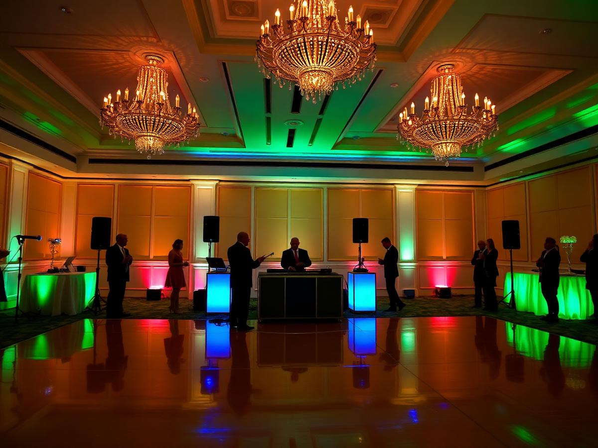 DJ booth and lit dance floor at an elegant reception